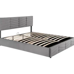 Lit 180x200 cm tapissé velours gris avec coffre hydraulique et tête réglable, style européen élégant