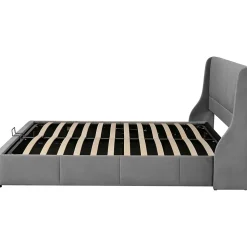 Lit 180x200 cm tapissé velours gris avec tête de lit rembourrée et coffre de rangement, levage hydraulique