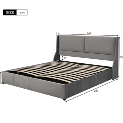 Lit 180x200 cm tapissé velours gris avec tête de lit rembourrée et coffre de rangement, levage hydraulique