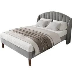 Lit 160x200 cm tapissé velours gris avec tête de lit rembourrée et sommier à lattes robuste, design moderne