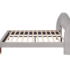 Lit 160x200 cm tapissé velours gris avec tête de lit rembourrée et sommier à lattes robuste, design moderne