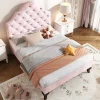 Lit 90x200 cm tapissé velours rose avec tête réglable, lattes en bois et pieds 20 cm, design élégant