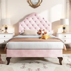 Lit 90x200 cm tapissé velours rose avec tête réglable, lattes en bois et pieds 20 cm, design élégant