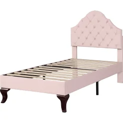 Lit 90x200 cm tapissé velours rose avec tête réglable, lattes en bois et pieds 20 cm, design élégant