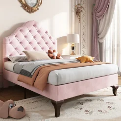 Lit 90x200 cm tapissé velours rose avec tête réglable, lattes en bois et pieds 20 cm, design élégant