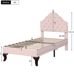 Lit 90x200 cm tapissé velours rose avec tête réglable, lattes en bois et pieds 20 cm, design élégant
