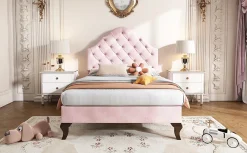 Lit 90x200 cm tapissé velours rose avec tête réglable, lattes en bois et pieds 20 cm, design élégant