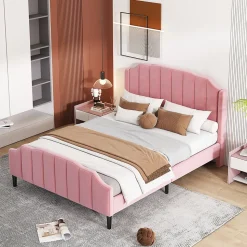 Lit 140x200 cm tapissé velours rose avec tête et pied rembourrés, cadre MDF robuste contemporain