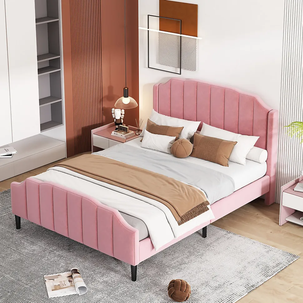 Lit 140x200 cm tapissé velours rose avec tête et pied rembourrés, cadre MDF robuste contemporain