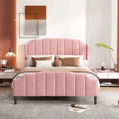 Lit 140x200 cm tapissé velours rose avec tête et pied rembourrés, cadre MDF robuste contemporain