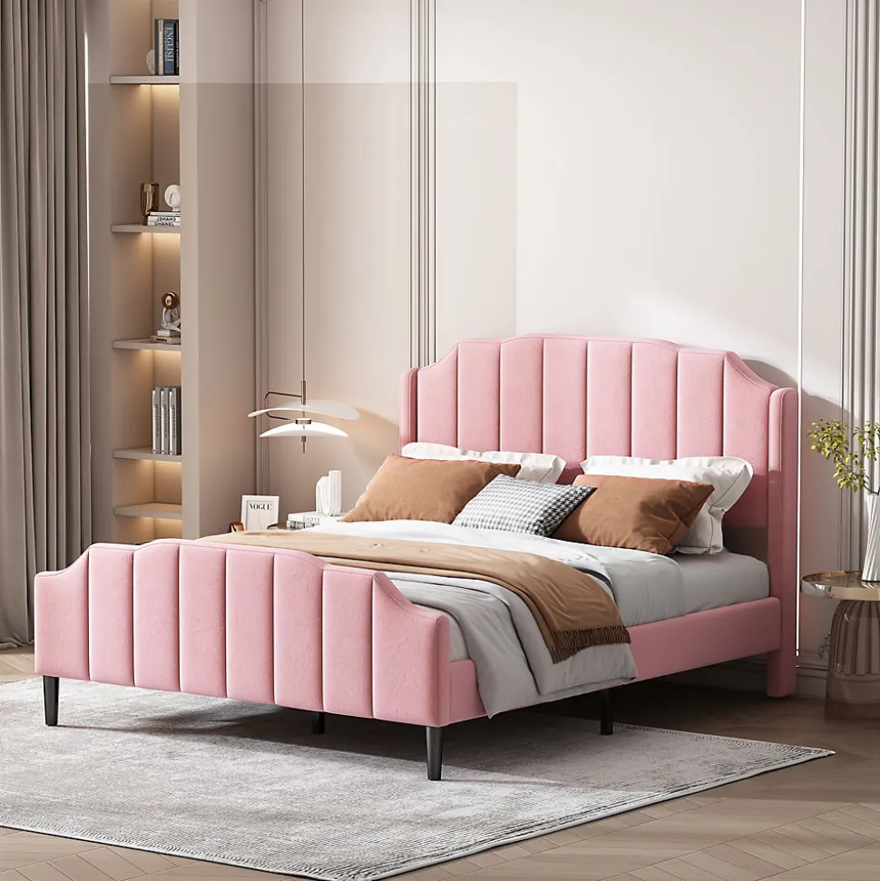 Lit 140x200 cm tapissé velours rose avec tête et pied rembourrés, cadre MDF robuste contemporain