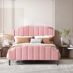 Lit 140x200 cm tapissé velours rose avec tête et pied rembourrés, cadre MDF robuste contemporain