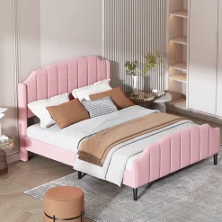 Lit 140x200 cm tapissé velours rose avec tête et pied rembourrés, cadre MDF robuste contemporain