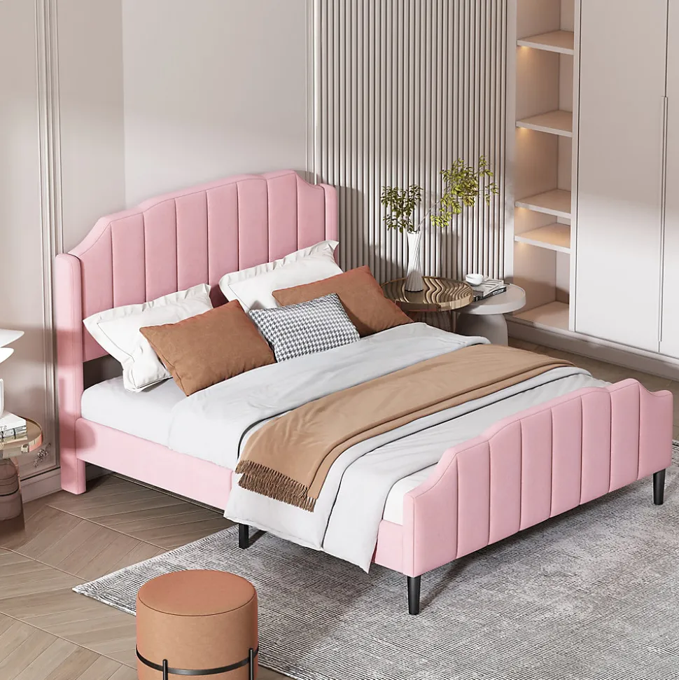 Lit 140x200 cm tapissé velours rose avec tête et pied rembourrés, cadre MDF robuste contemporain