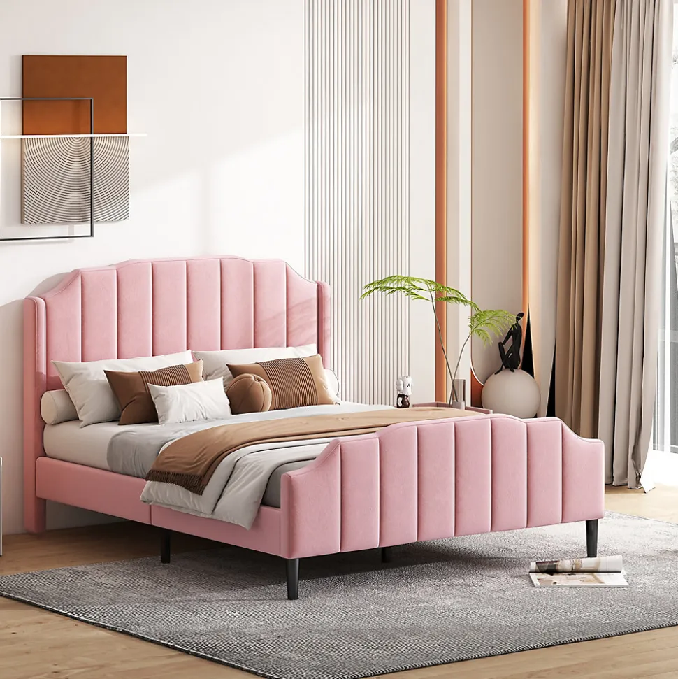 Lit 140x200 cm tapissé velours rose avec tête et pied rembourrés, cadre MDF robuste contemporain