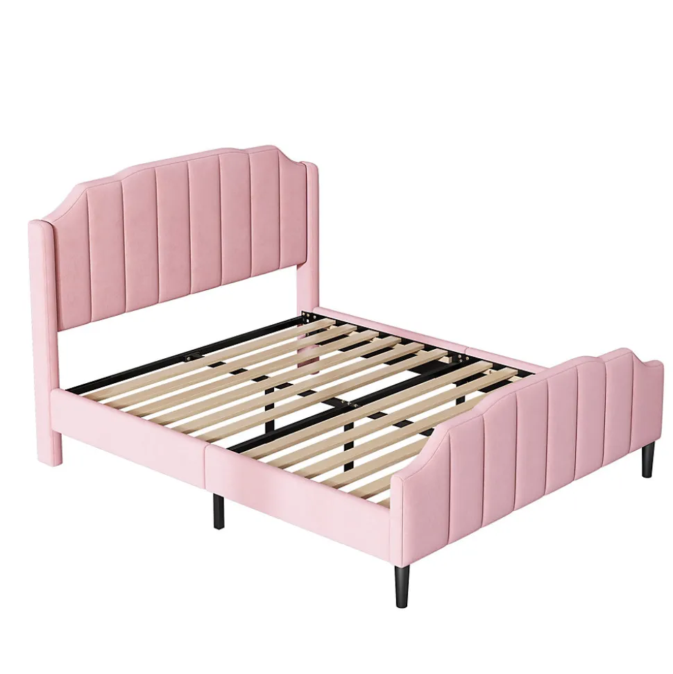 Lit 140x200 cm tapissé velours rose avec tête et pied rembourrés, cadre MDF robuste contemporain