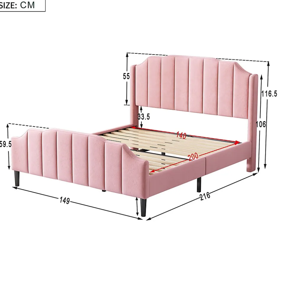 Lit 140x200 cm tapissé velours rose avec tête et pied rembourrés, cadre MDF robuste contemporain
