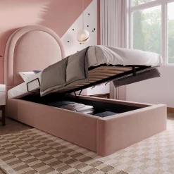 Lit 90x190 cm tapissé velours rose avec tête demi-cercle et coffre, cadre métal et bois massif, style moderne