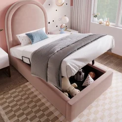 Lit 90x190 cm tapissé velours rose avec tête demi-cercle et coffre, cadre métal et bois massif, style moderne