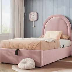 Lit 90x190 cm tapissé velours rose avec tête demi-cercle et coffre, cadre métal et bois massif, style moderne