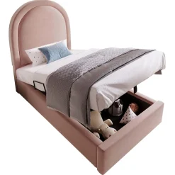 Lit 90x190 cm tapissé velours rose avec tête demi-cercle et coffre, cadre métal et bois massif, style moderne