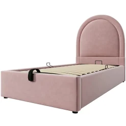 Lit 90x190 cm tapissé velours rose avec tête demi-cercle et coffre, cadre métal et bois massif, style moderne