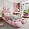 Lit 90x200 cm tapissé velours rose avec oreilles de lapin et éclairage LED réglable, 2 poufs