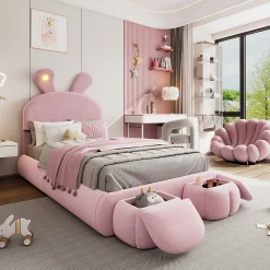 Lit 90x200 cm tapissé velours rose avec oreilles de lapin et éclairage LED réglable, 2 poufs