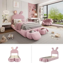 Lit 90x200 cm tapissé velours rose avec oreilles de lapin et éclairage LED réglable, 2 poufs