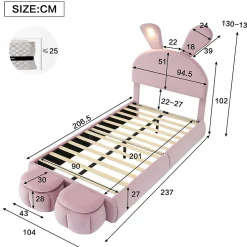 Lit 90x200 cm tapissé velours rose avec oreilles de lapin et éclairage LED réglable, 2 poufs