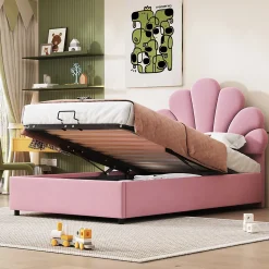 Lit 90x200 cm tapissé velours rose avec tête de lit fleurie et coffre de rangement hydraulique