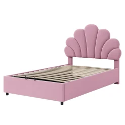 Lit 90x200 cm tapissé velours rose avec tête de lit fleurie et coffre de rangement hydraulique