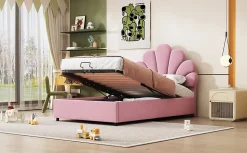 Lit 90x200 cm tapissé velours rose avec tête de lit fleurie et coffre de rangement hydraulique