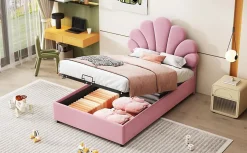 Lit 90x200 cm tapissé velours rose avec tête de lit fleurie et coffre de rangement hydraulique