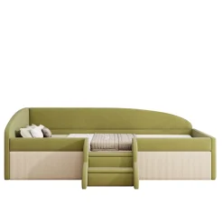 Lit 90x190 cm tapissé velours vert et crème, colorblock, barrières de sécurité et marches antidérapantes