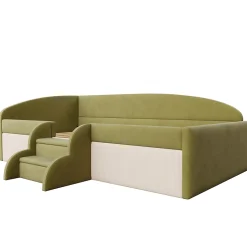 Lit 90x190 cm tapissé velours vert et crème, colorblock, barrières de sécurité et marches antidérapantes