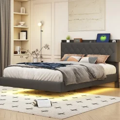 Lit 140x200 cm tapisse tissu lin gris, bande LED multicolore, port USB, coffre de rangement et tete de lit reglable