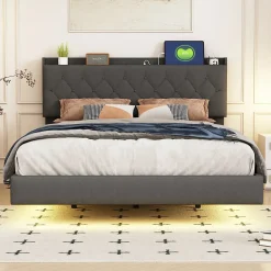 Lit 140x200 cm tapisse tissu lin gris, bande LED multicolore, port USB, coffre de rangement et tete de lit reglable