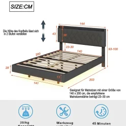 Lit 140x200 cm tapisse tissu lin gris, bande LED multicolore, port USB, coffre de rangement et tete de lit reglable