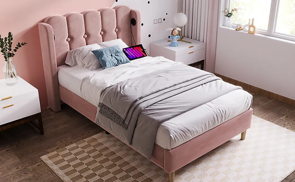 Lit 90x200 cm tapisse velours rose avec tete de lit rembourree et prise USB Type C integree