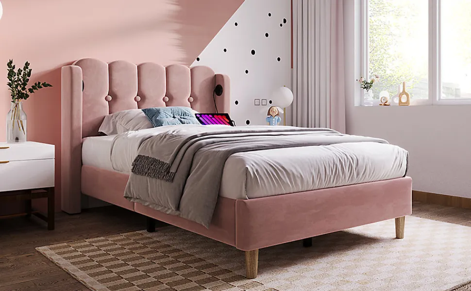 Lit 90x200 cm tapisse velours rose avec tete de lit rembourree et prise USB Type C integree
