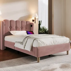 Lit 90x200 cm tapisse velours rose avec tete de lit rembourree et prise USB Type C integree