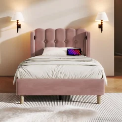 Lit 90x200 cm tapisse velours rose avec tete de lit rembourree et prise USB Type C integree