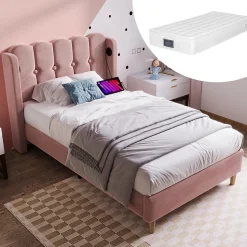 Lit 90x200 cm tapisse velours rose avec tete de lit rembourree et prise USB Type C integree