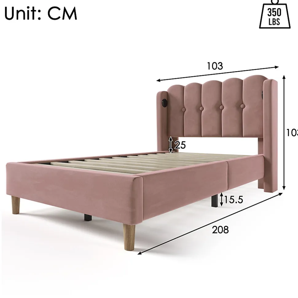 Lit 90x200 cm tapisse velours rose avec tete de lit rembourree et prise USB Type C integree