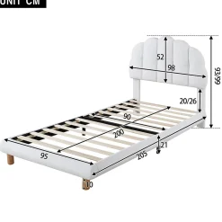 Lit 90x200 cm tapisse velours blanc, tete demi cercle reglable et cadre MDF robuste et securisant