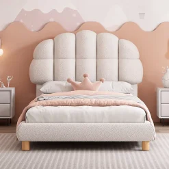 Lit 90x200 cm tapisse velours blanc, tete demi cercle reglable et cadre MDF robuste et securisant