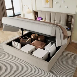 Lit 160x200 cm tete de lit avec rangement et ports USB Type C, tapisse lin, coffre a verins