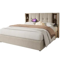 Lit 160x200 cm tete de lit avec rangement et ports USB Type C, tapisse lin, coffre a verins