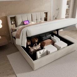 Lit 160x200 cm tete de lit avec rangement et ports USB Type C, tapisse lin, coffre a verins